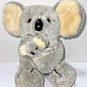 Vintage 198 Dakin Stuffed Plush Koala and Attached Baby Hugging 15" Gray White